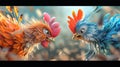 Cartoon scene As the final round approaches tensions rise a the top contenders. Two feisty feathers engage in a feather