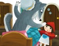 Cartoon scene with bad wolf in disguise of grandmother resting in the bed and little girl illustration for children