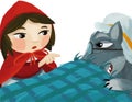 Cartoon scene with bad wolf in disguise of grandmother resting in the bed and little girl illustration for children