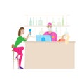 Cartoon scene at the bar. Young woman drinks cocktail, barista in face mask behind the bar