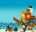 Cartoon scene of beach near the sea or ocean - pirate captain woman on the shore with cannon and treasure chest - pirate ship -