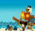 Cartoon scene of beach near the sea or ocean - pirate captain woman on the shore with cannon and treasure chest - pirate ship -