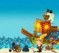 Cartoon scene of beach near the sea or ocean - pirate captain woman on the shore with cannon and treasure chest - pirate ship -