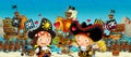 Cartoon scene of beach near the sea or ocean - pirate captains woman and man on the shore and treasure chest - loving couple