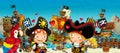 Cartoon scene of beach near the sea or ocean - pirate captains woman and man on the shore and treasure chest - loving couple
