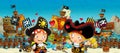 Cartoon scene of beach near the sea or ocean - pirate captains woman and man on the shore and treasure chest - loving couple