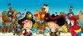 Cartoon scene of beach near the sea or ocean - pirate captains woman and man on the shore and treasure chest - loving couple