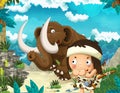 Cartoon scene of beach near the sea or ocean with prehistoric animal mammoth and caveman - illustration