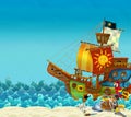 Cartoon scene of beach near the sea or ocean - shore treasure chest and pirate ship - illustration Royalty Free Stock Photo