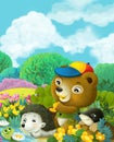 Cartoon bear eating honey with hedgehog and mole