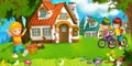 Cartoon scene with beautiful farm brick house in the forest and children on the bicycle trip - illustration