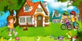 Cartoon scene with beautiful farm brick house in the forest and children on the bicycle trip - illustration