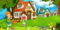 Cartoon scene with beautiful farm brick house in the forest and kid on vacations - illustration