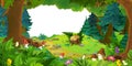 Cartoon scene with beautiful forest and the meadow with frame for text