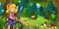 Cartoon scene with beautiful forest and the meadow with girl on bicycle trip - illustration