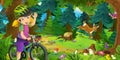 Cartoon scene with beautiful forest and the meadow with girl on bicycle trip - illustration