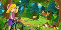 Cartoon scene with beautiful forest and the meadow with girl on bicycle trip - illustration