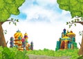 Cartoon scene with beautiful medieval castles - far east kingdom - with space for text