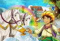 Cartoon scene with beautiful pair of horses stream rainbow and palace in the background young prince standing smiling and looking