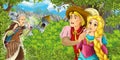 Cartoon scene with beautiful princess and prince standing and looking shocked