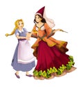 Cartoon scene with beautiful princess sorceress casting spell on young girl on white background - illustration