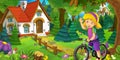 Cartoon scene with beautiful rural brick house in the forest on the meadow and girl on the bicycle trip illustration