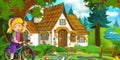 Cartoon scene with beautiful rural brick house in the forest on the meadow and girl on the bicycle trip illustration