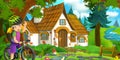 Cartoon scene with beautiful rural brick house in the forest on the meadow and girl on the bicycle trip illustration