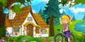 Cartoon scene with beautiful rural brick house in the forest on the meadow and girl on the bicycle trip illustration