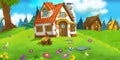 Cartoon scene with beautiful rural brick house in the forest on the meadow
