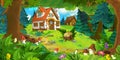 Cartoon scene with beautiful rural brick house in the forest on the meadow