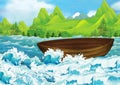 Cartoon Scene Of Beautiful Shore Or Beach By The Ocean Or Sea Near Some Forest With Empty Fisherman Boat Floating