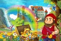 Cartoon scene with beautiful stream rainbow and palace in the background little dwarf is standing near treasure in chest