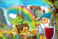 Cartoon scene with beautiful stream rainbow and palace in the background little dwarf is standing near treasure in chest