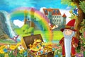 Cartoon scene with beautiful stream rainbow and palace in the background little dwarf is standing near treasure in chest