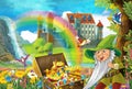 Cartoon scene with beautiful stream rainbow and palace in the background little dwarf is standing near treasure in chest