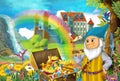 Cartoon scene with beautiful stream rainbow and palace in the background little dwarf is standing near treasure in chest