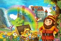 Cartoon scene with beautiful stream rainbow and palace in the background little dwarf is standing near treasure in chest