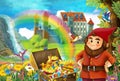 Cartoon scene with beautiful stream rainbow and palace in the background little dwarf is standing near treasure in chest