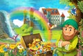 Cartoon scene with beautiful stream rainbow and palace in the background little dwarf is standing near treasure in chest