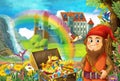 Cartoon scene with beautiful stream rainbow and palace in the background little dwarf is standing near treasure in chest