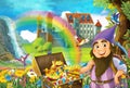 Cartoon scene with beautiful stream rainbow and palace in the background little dwarf is standing near treasure in chest