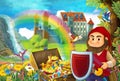 Cartoon scene with beautiful stream rainbow and palace in the background little dwarf is standing near treasure in chest