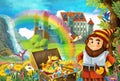 Cartoon scene with beautiful stream rainbow and palace in the background little dwarf is standing near treasure in chest