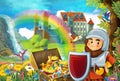 Cartoon scene with beautiful stream rainbow and palace in the background little dwarf is standing near treasure in chest