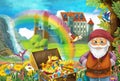 Cartoon scene with beautiful stream rainbow and palace in the background little dwarf is standing near treasure in chest