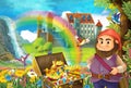 Cartoon scene with beautiful stream rainbow and palace in the background little dwarf is standing near treasure in chest