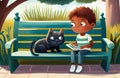 Cartoon scene with boy reading book in the park with black cat - illustration for children. Generative AI Royalty Free Stock Photo