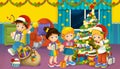 Cartoon scene with boys and girls in a room full of presents