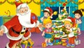 Cartoon scene with boys and girls in a room with santa claus